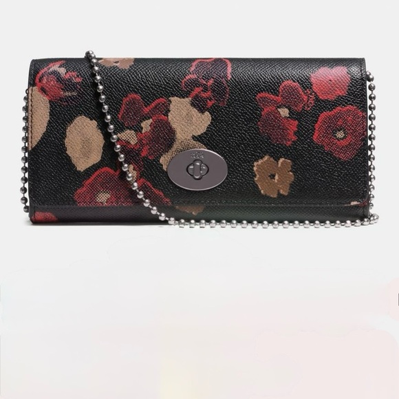 Coach Slim Envelope Wallet On Chain In Floral Print Leather Gunmetal Hardware - Picture 1 of 14